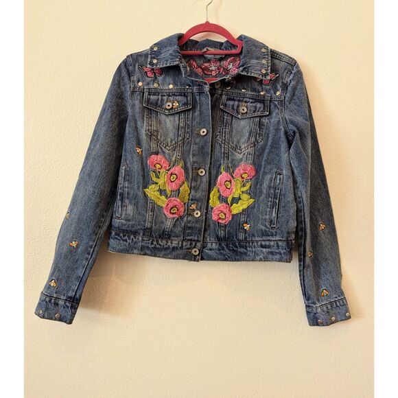 Bagatelle Embroidered Floral Butterfly Bee Trucker Denim Jacket   Sz M - Picture 3 of 10
